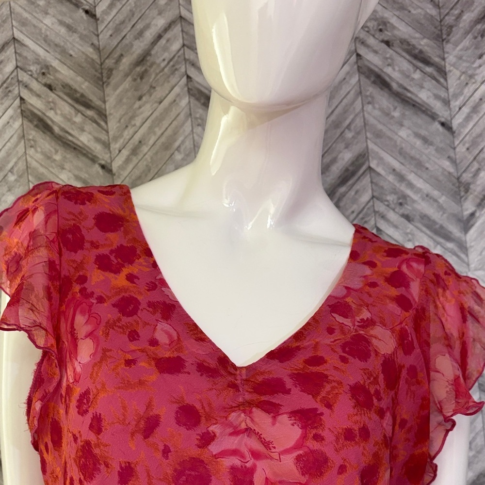 LAura Pink and Red Floral Ruffle dress- see measurements - Picture 4 of 8